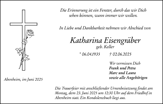 Traueranzeige von Katharina Eisengräber von Wormser Zeitung