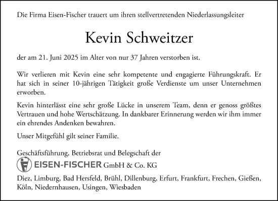 Traueranzeige von Kevin Schweitzer von Weilburger Tageblatt