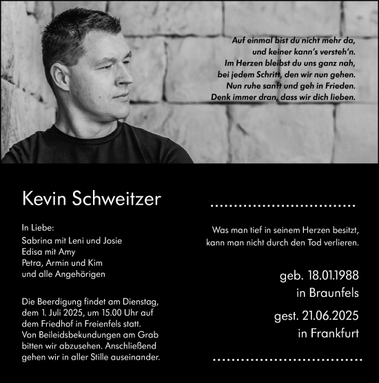 Traueranzeige von Kevin Schweitzer von Weilburger Tageblatt