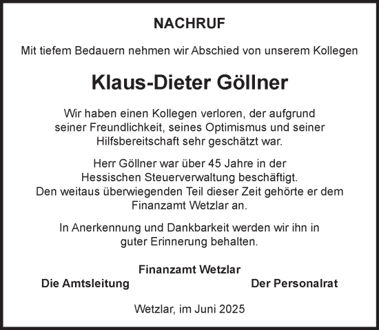 Traueranzeige von Klaus-Dieter Göllner von Wetzlarer Neue Zeitung