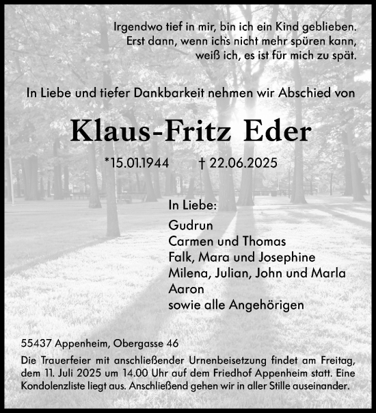 Traueranzeige von Klaus-Fritz Eder von Allgemeine Zeitung Rheinhessen-Nahe