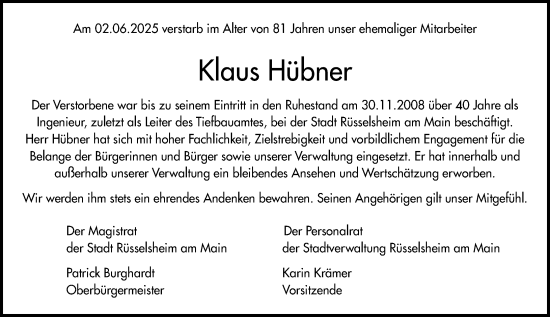 Traueranzeige von Klaus Hübner von Rüsselsheimer Echo