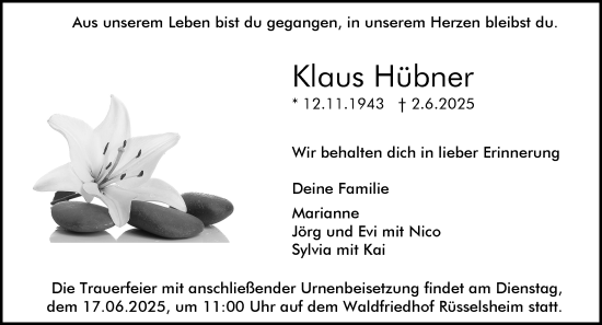 Traueranzeige von Klaus Hübner von Rüsselsheimer Echo