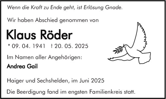 Traueranzeige von Klaus Röder von Dill Block