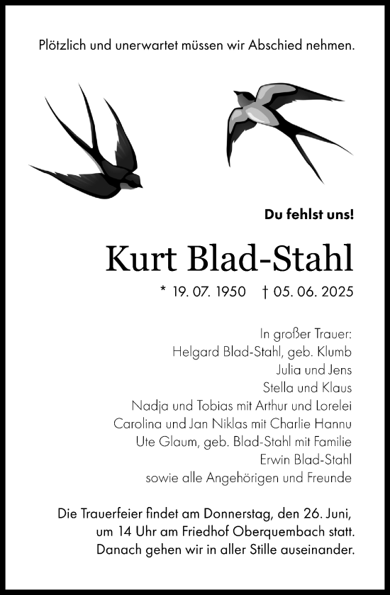 Traueranzeige von Kurt Blad-Stahl von Wetzlarer Neue Zeitung