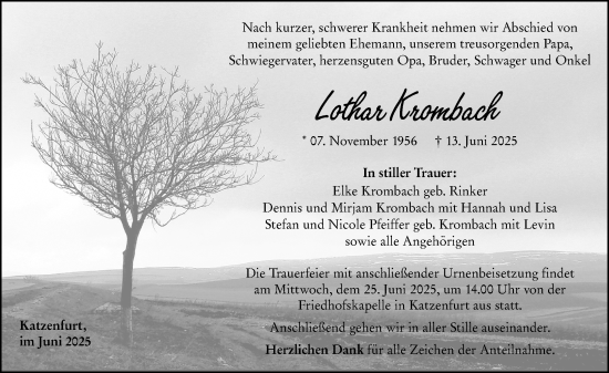 Traueranzeige von Lothar Krombach von Wetzlarer Neue Zeitung