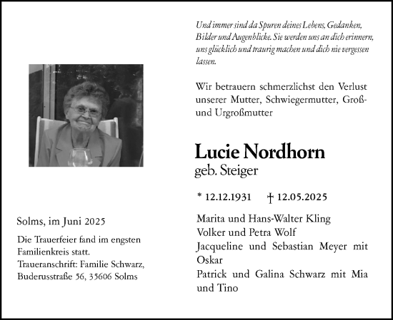 Traueranzeige von Lucie Nordhorn von Wetzlarer Neue Zeitung