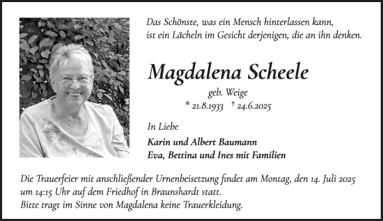 Traueranzeige von Magdalena Scheele von Darmstädter Echo