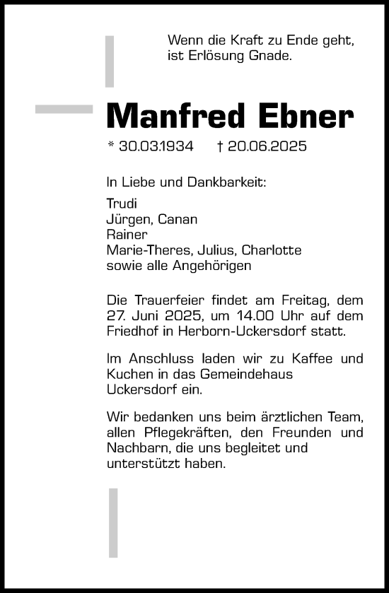Traueranzeige von Manfred Ebner von Dill Block