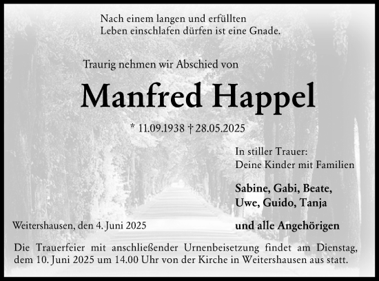 Traueranzeige von Manfred Happel von Hinterländer Anzeiger