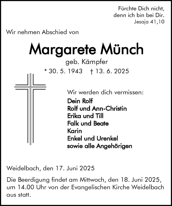 Traueranzeige von Margarete Münch von Dill Block