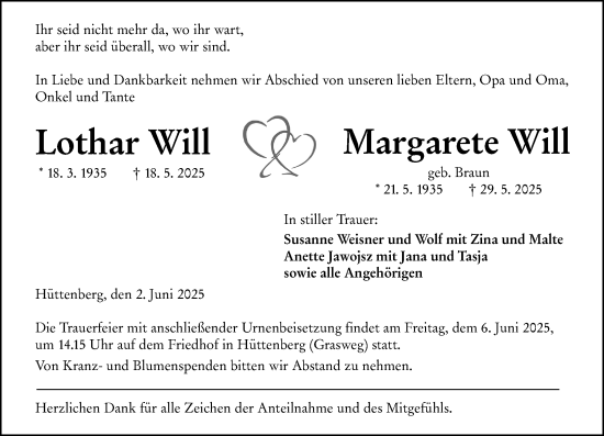 Traueranzeige von Margarete Will von Wetzlarer Neue Zeitung