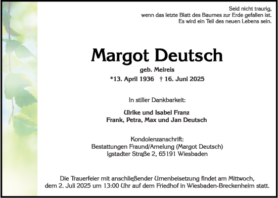 Traueranzeige von Margot Deutsch von Wiesbadener Kurier