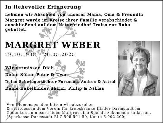 Traueranzeige von Margret Weber von Darmstädter Echo