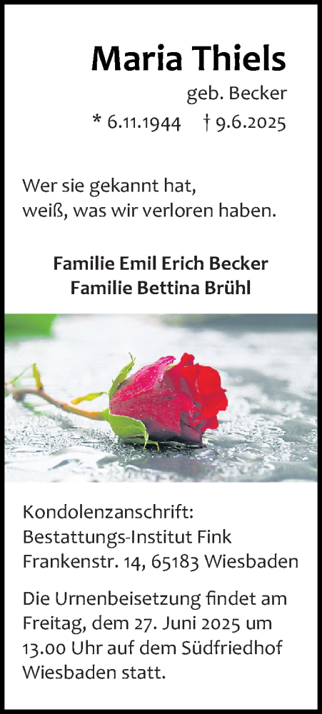 Traueranzeige von Maria Thiels von Wiesbadener Kurier