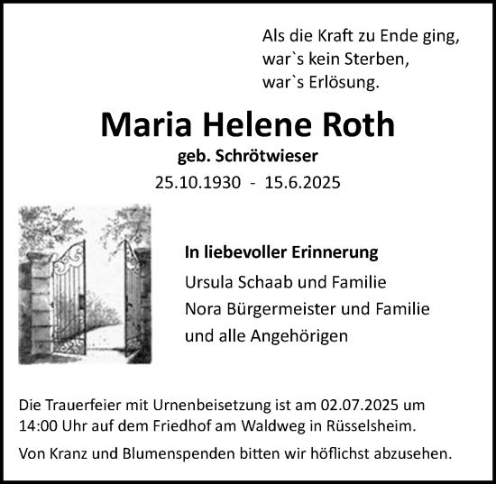 Traueranzeige von Maria Helene Roth von Rüsselsheimer Echo