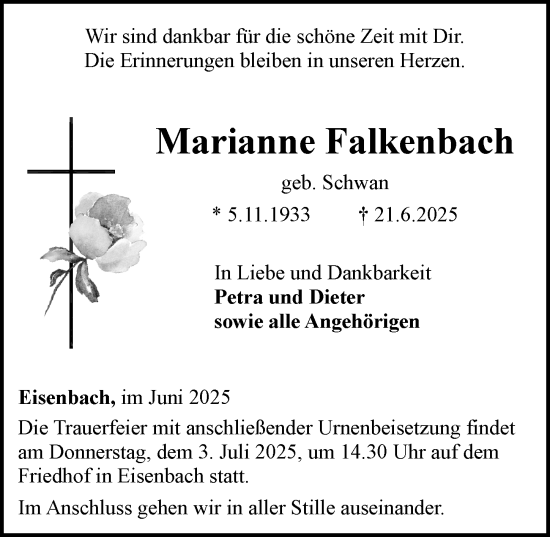 Traueranzeige von Marianne Falkenbach von Camberger Anzeiger