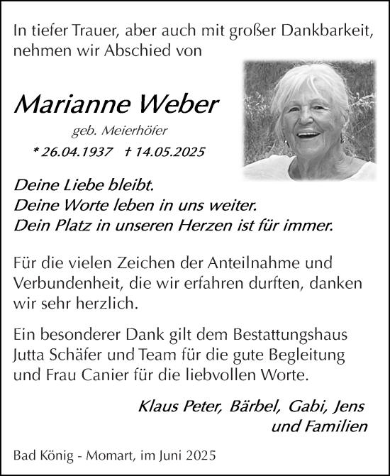 Traueranzeige von Marianne Weber von Odenwälder Echo