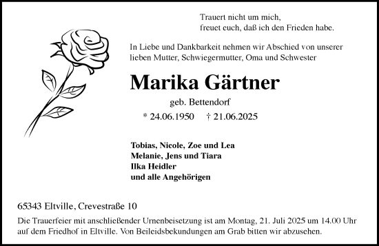 Traueranzeige von Marika Gärtner von Rheingau Kurier