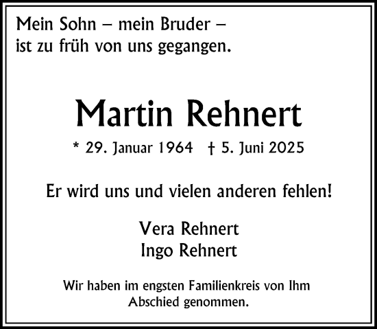 Traueranzeige von Martin Rehnert von Wiesbadener Kurier