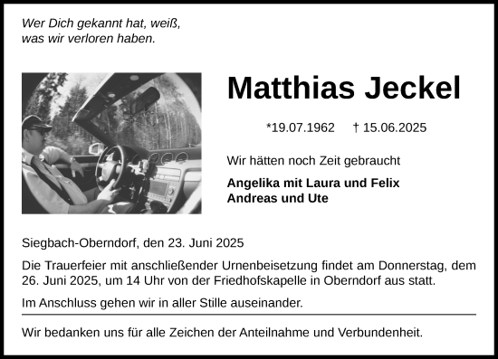 Traueranzeige von Matthias Jeckel von Hinterländer Anzeiger