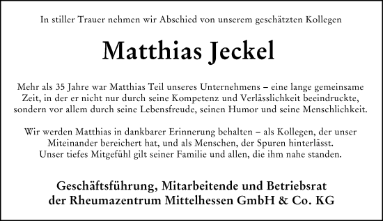 Traueranzeige von Matthias Jeckel von Hinterländer Anzeiger