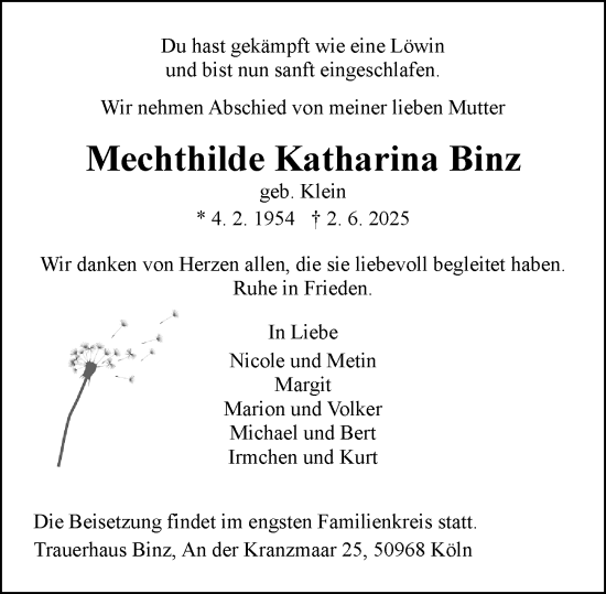 Traueranzeige von Mechthilde Katharina Binz von Allgemeine Zeitung Mainz