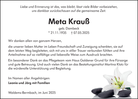 Traueranzeige von Meta Krauß von Idsteiner Land/Untertaunus