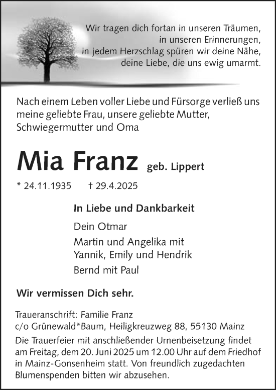Traueranzeige von Mia Franz von Allgemeine Zeitung Mainz