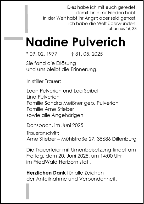 Traueranzeige von Nadine Pulverich von Dill Block