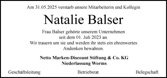 Traueranzeige von Natalie Balser von Wetzlarer Neue Zeitung