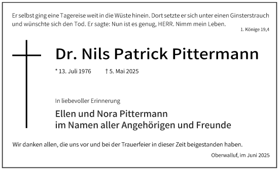 Traueranzeige von Nils Patrick Pittermann von Rheingau Kurier