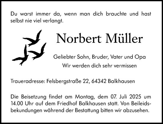 Traueranzeige von Norbert Müller von Darmstädter Echo