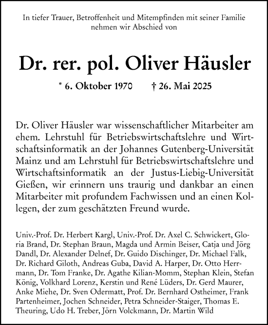 Traueranzeige von Oliver Häusler von Wiesbadener Kurier