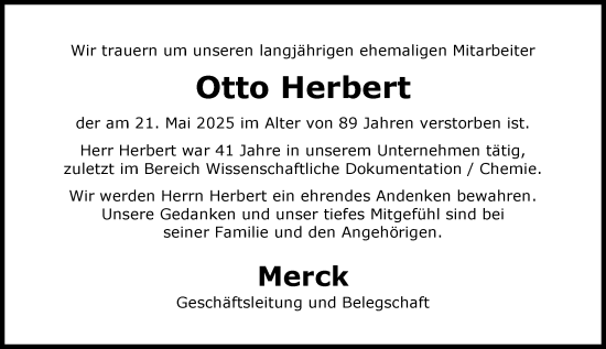 Traueranzeige von Otto Herbert von Darmstädter Echo
