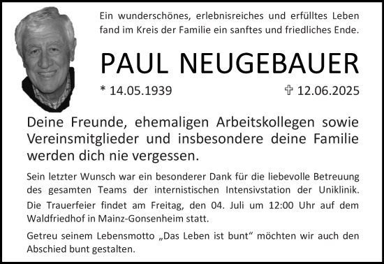 Traueranzeige von Paul Neugebauer von Allgemeine Zeitung Mainz