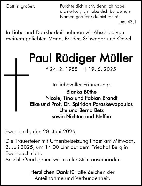 Traueranzeige von Paul Rüdiger Müller von Dill Block