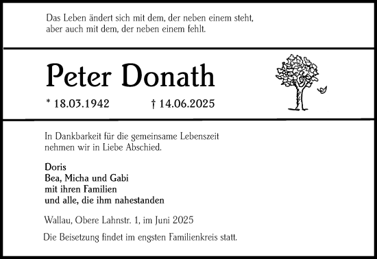 Traueranzeige von Peter Donath von Hinterländer Anzeiger