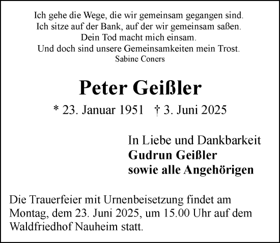 Traueranzeige von Peter Geißler von Rüsselsheimer Echo