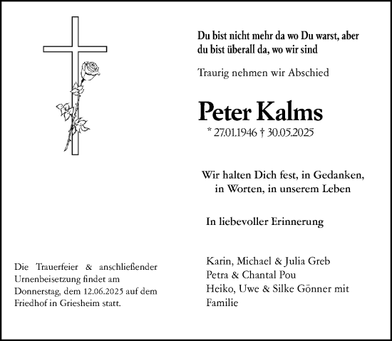 Traueranzeige von Peter Kalms von Darmstädter Echo