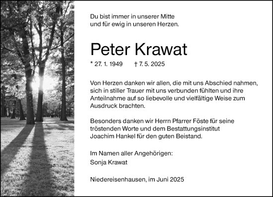 Traueranzeige von Peter Krawat von Hinterländer Anzeiger