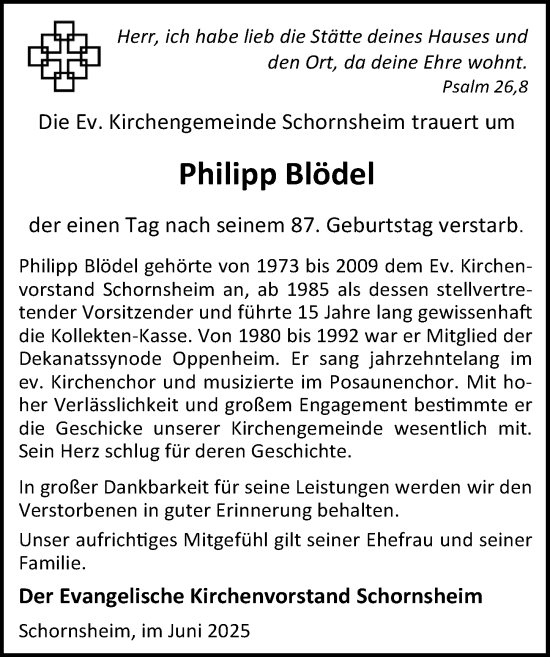 Traueranzeige von Philipp Blödel von Allgemeine Zeitung Alzey