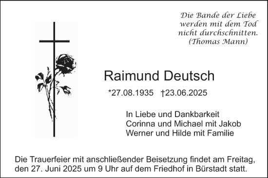 Traueranzeige von Raimund Deutsch von Starkenburger Echo