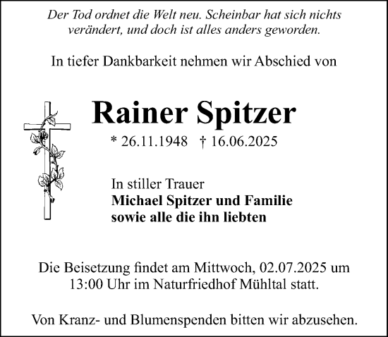 Traueranzeige von Rainer Spitzer von Darmstädter Echo