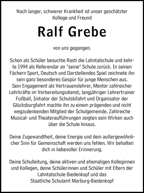 Traueranzeige von Ralf Grebe von Hinterländer Anzeiger