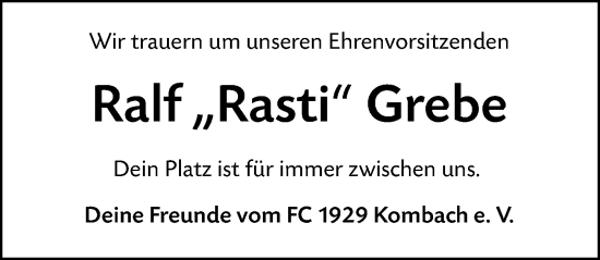 Traueranzeige von Ralf Grebe von Hinterländer Anzeiger