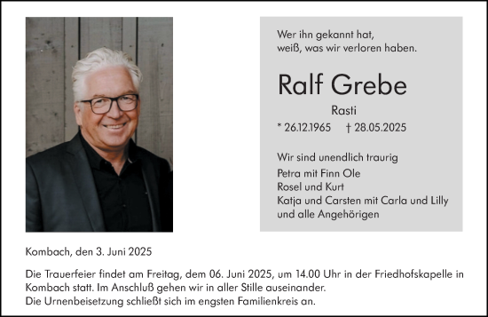 Traueranzeige von Ralf Grebe von Hinterländer Anzeiger