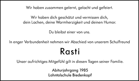 Traueranzeige von Rasti  von Hinterländer Anzeiger