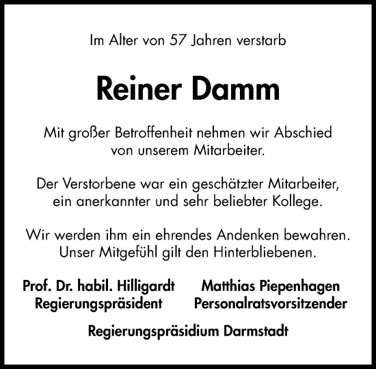 Traueranzeige von Reiner Damm von Darmstädter Echo
