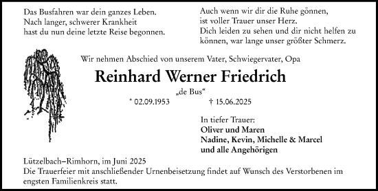 Traueranzeige von Reinhard Werner Friedrich von Odenwälder Echo